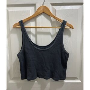 Set Active Waffle Knit Lounge Crop Tank Top Small Oversized Dark Gray Cotton